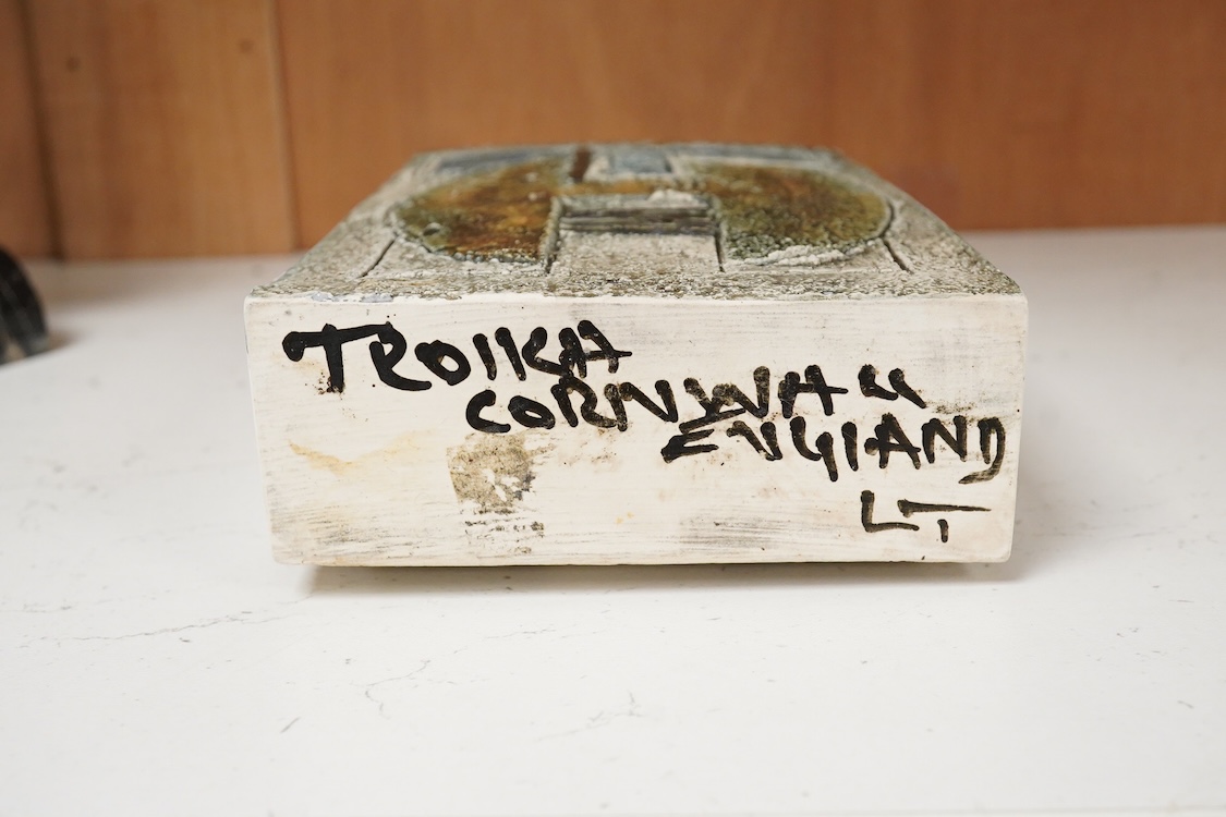 A Troika vase by Linda Taylor, decorated in relief with an abstract design, signed to the base, 17cm high